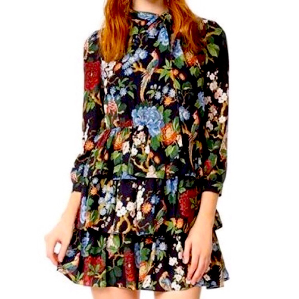 Alice & Olivia NWT Dress Breann Tiered Floral Tie-Neck 3/4 Sleeve Size 12